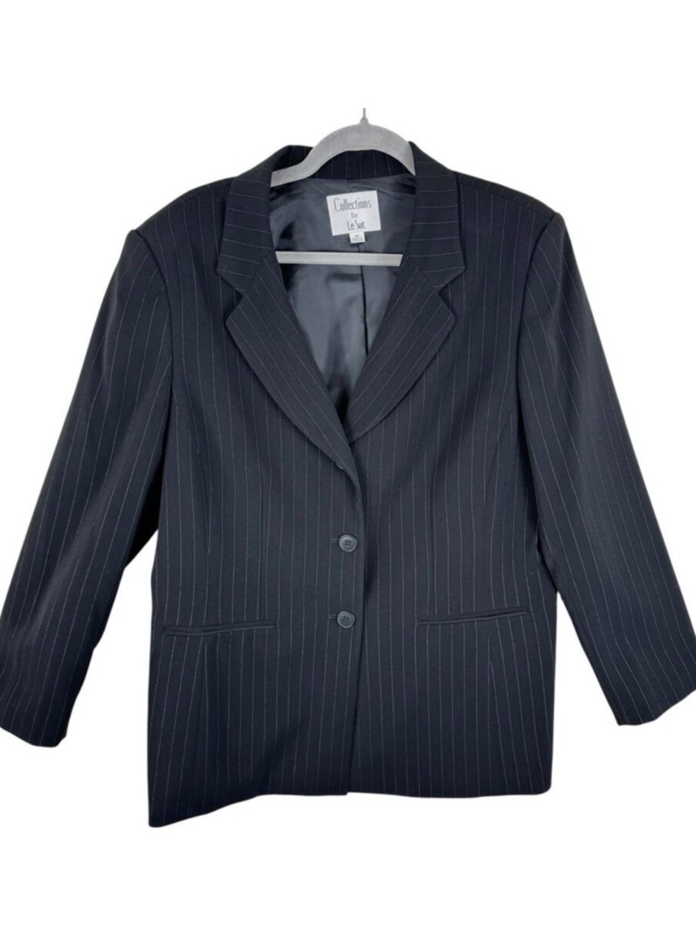 Collections For Le Suit Black Pinstriped Button Up Lined Collared Blazer Size 18